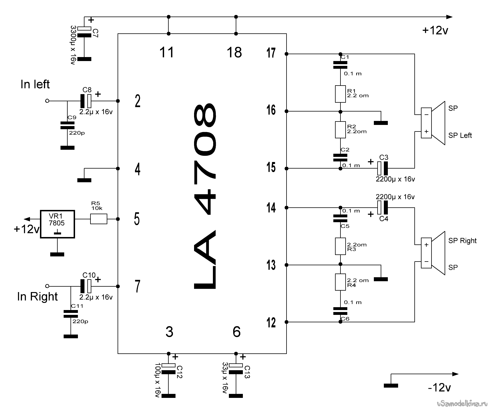 Усилитель на микросхеме TDA7376B (12-18В, 2x35 Ватт)
