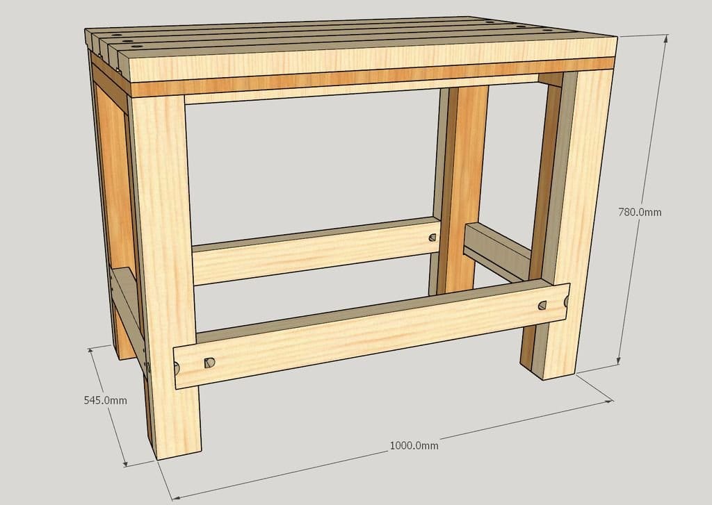 Чертеж столярного верстака из дерева с размерами